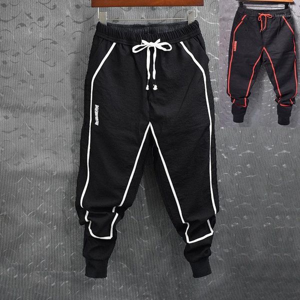 

fashion mens slim fit stretch harem pants elastic waist patchwork striped hip hop pants joggers cuffed trousers for male1, Black