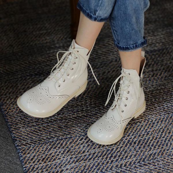 

boots spring and autumn 2021 women short round toe square heel brock carved ankle black apricot genuine leather
