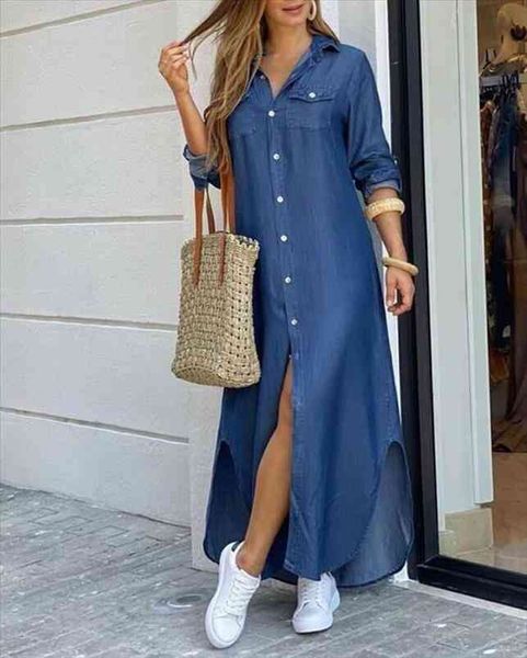 

summer long dress long sleeve shirt dress women denim dresses pocket button shirt print casual loose dresses, Black;gray