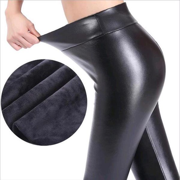 

new plus size leather leggings high waist stretch slim black legging fashion pu leather thick velvet pants warm leggings