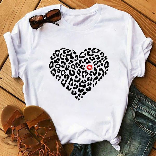 

funny heart leopard printed t shirts women summer short sleeves t-shirt for lady shirt harajuku o-neck tee, White