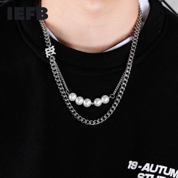 

iefb mens's accessories fashion titanium steel white pearl collar bone double necklaces high street jewelry 9y5547, Silver