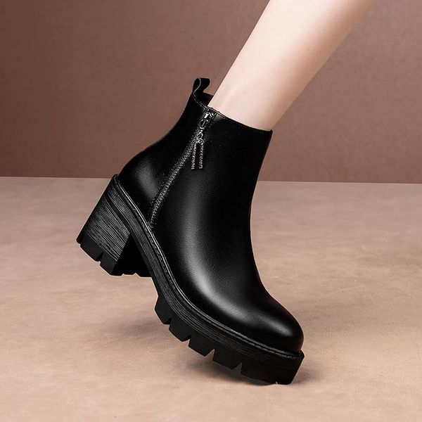 

fashion women ankle boots zipper genuine leather shoes woman 2021 winter working basic thick high heels platform boots, Black