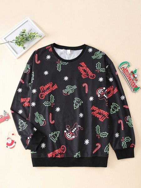 

men christmas & slogan graphic pullover v5pe#, Black