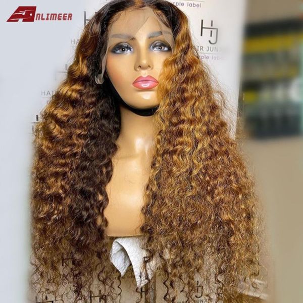 

lace wigs ombre blonde t1b/27 front human hair with baby pre plucked curly brazilian remy 6inch deep t part wig, Black;brown