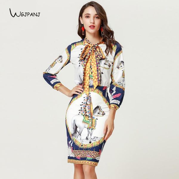 

2020 autumn women set white and blue floral printed bow shirt + skirt design 2 two piece set1, Gray