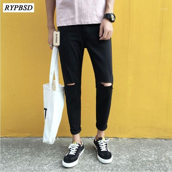 

new 2020 mens black jeans korean fashion slim fit casual ripped skinny jeans man black hole pencil pants hip hop trousers1, Blue