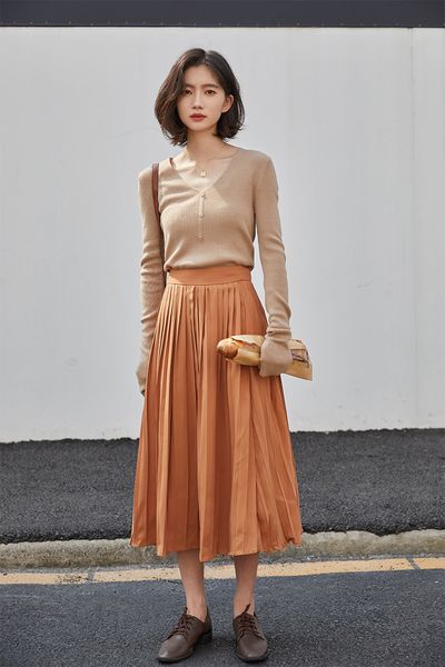

2021 new autumn fashion women high waist pleated chiffon lady khaki long elegant office skirt thin swpj, Black