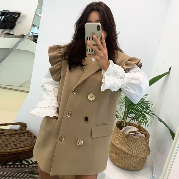 

[ewq] autumn female turn-down collar ruffles sleeveless blazer coat double breasted loose solid color minimalist suit lj201214, White;black