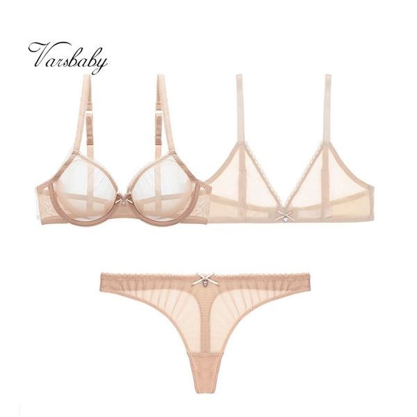 Varsbaby Sexy New Wire Free 2 Bras + Thongs 3PCS пряжа прозрачный без прозрачных 32BC-38BCD BOW BORA SET LJ201031