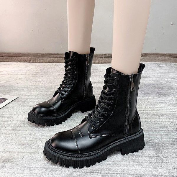

shoes boots women new 2020 luxury designer booties ladies lace up round toe fashion autumn ankle med rubber rock pu cotton, Black