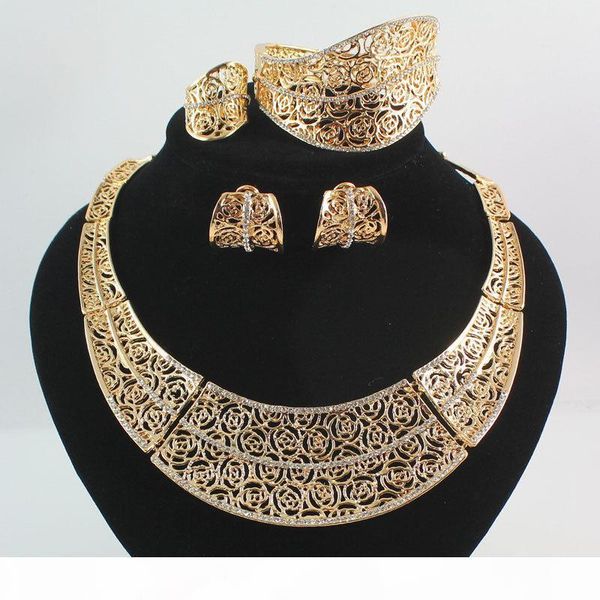 

classic design woman 18k gold plated crystal africa dubai wedding party necklace earrings bracelet ring gift jewelry set, Slivery;golden