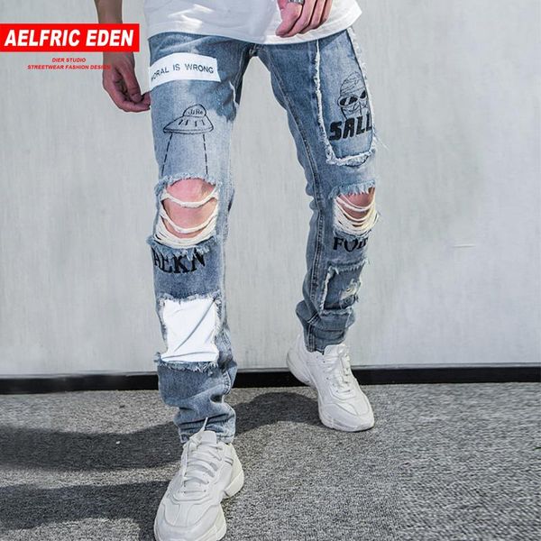 

aelfric eden reflective men skinny ripped jeans 2021 vintage biker jogger distressed hole baggy denim slim fit casual pants kj06, Blue
