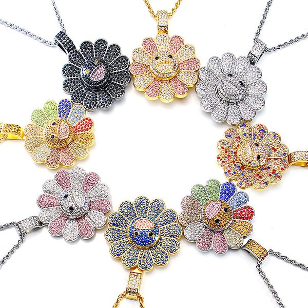 

murakami sun flower sunflower pendant micro zircon hiphop colorful flower rotating pendant necklace 2019, Silver