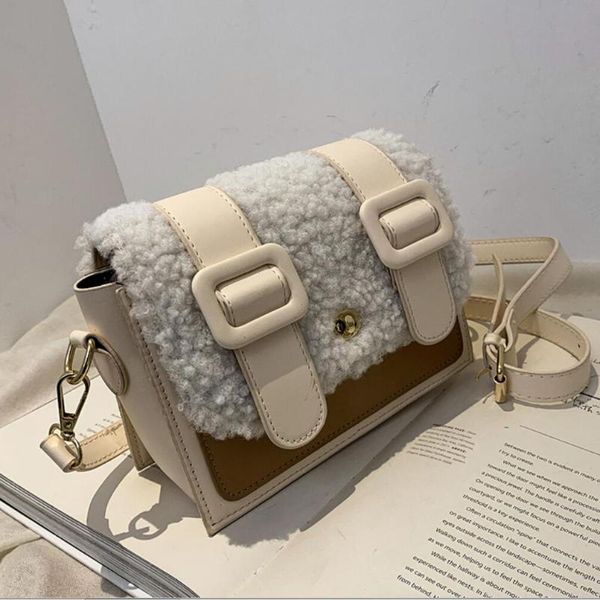 

shoulder bags contrast color square crossbody bag 2021 winter quality pu leather women's designer handbag plush messenger