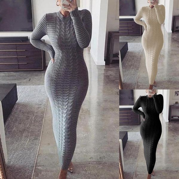 

high elastic knitted long dress women o neck full sleeve slim maxi pencil dress autumn winter solid color elegant party vestidos, Black;gray