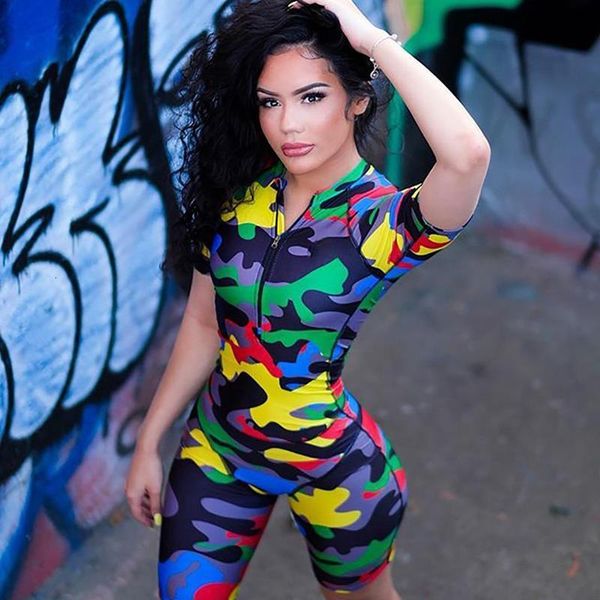 

streetwear summer short rompers womens jumpsuit camouflage print bodycon romper casual playsuit zipper plus size female overalls, Black;white