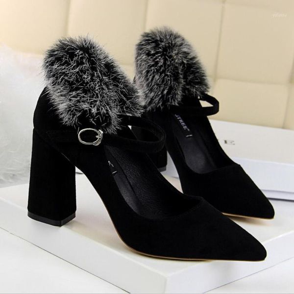 

dress shoes koovan women's pumps 2021 fur women high heels elegant red thick heel fetish fur1, Black