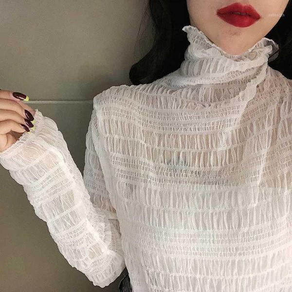 

women elasticity soft pleated mesh turtleneck tee shirts blouses girls full sleeve basic thin shirts for female 20201, White