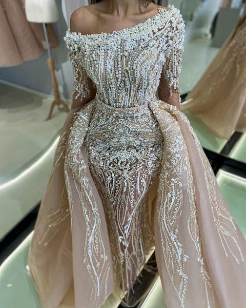 

full pearls luxury retro wedding dresses long sleeves bridal gown custom made sequins royal with detachable train robes de mariÃ©e, White