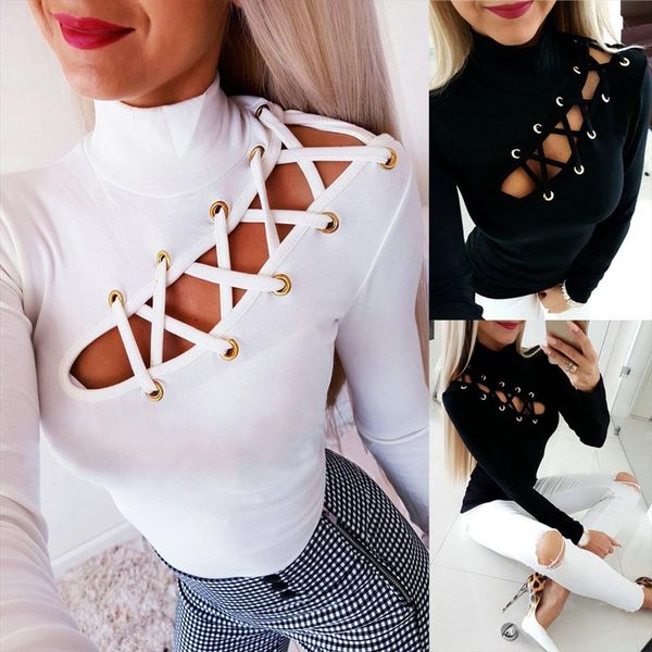 

blouse women 2020 autumn winter fashion high collar solid hollow out leaky skinny blusa feminina, White
