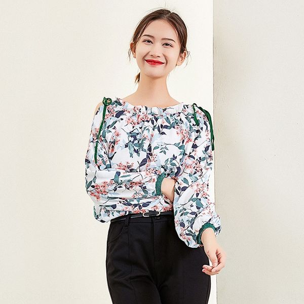 

summer 2020 pullover pullovershirt pulloverfashionable and versatile printedshoulder chiffon blouse for women with bandage collar pullover t, White