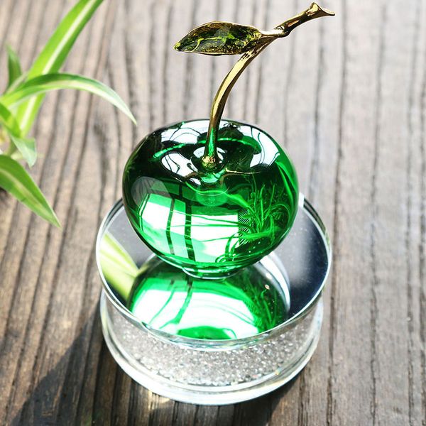 HD Crystal Fruit Green Cherry Shape Figurine Art Glass Ornament con strass Base Souvenir Regali Home Wedding Decor Favors T200710