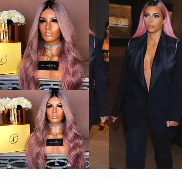 

ombre цвета парик 1b розовый полный парик шнурка человеческих волос с dark black roots 100% бразильские remy парик волос, Black;brown