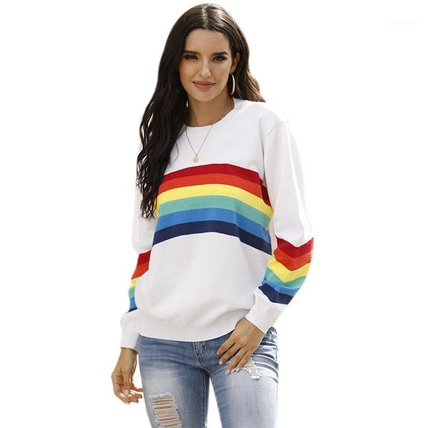 

sweater women 2020 fall winter rainbow striped pullover sweaters casual flat knitted full sleeve o-neck coat outwear mmyzz061, White;black