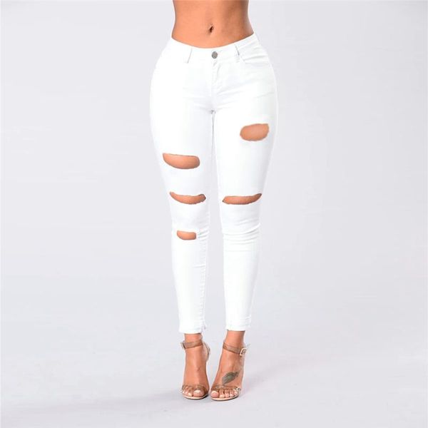 

cotton high waist hole white jeans women 2021 spring new stretch slim ripped streetwear lady denim trousers pencil pants, Blue