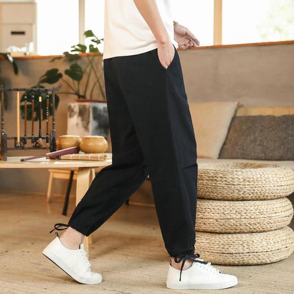 

2020 spring summer casual ankle length trousers solid color cotton men pants pockets elastic waist cargo pants1, Black