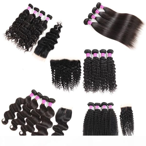 

8a brazilian human hair weaves straight 4 bundles with frontal body wave virgin human hair bundles with closures remy hair extensions, Black
