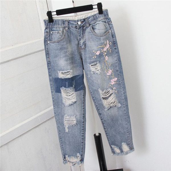 

plus size 5xl women high waist jeans trousers hole ripped embroidery vintage mom jeans femme denim harem pants casual streetwear, Blue