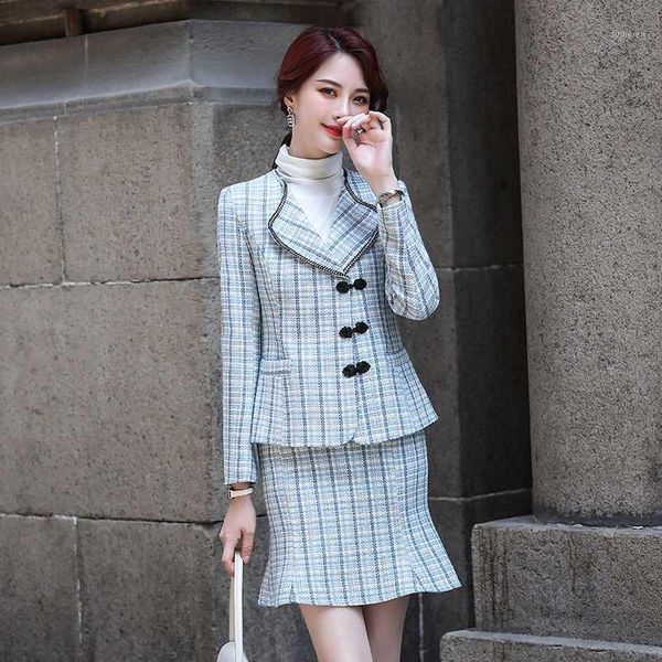

fabric fashion plaid autumn winter women business suits professional ladies career interview job blazers set1, White