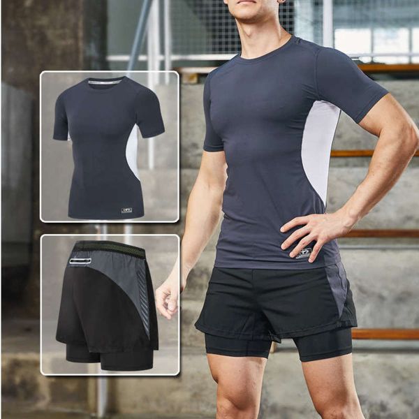 

summer sports two piece suit men's quick drying short sleeve t-shirt shorts running training fitness large basketball uniform 9856, Gray