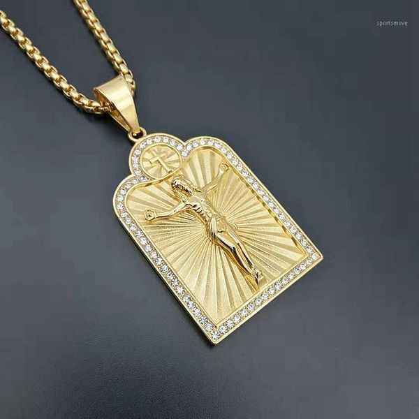 Pendenti delle collane della croce di Gesù dorato hip hop per gli uomini Catene in acciaio inossidabile color oro Collana crocifisso Gioielli cristiani maschili1