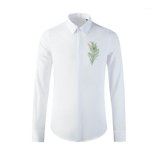 

men's shirt new style shirt peacock feather seiko letter embroidery slim fashion men's long sleeve1, White;black