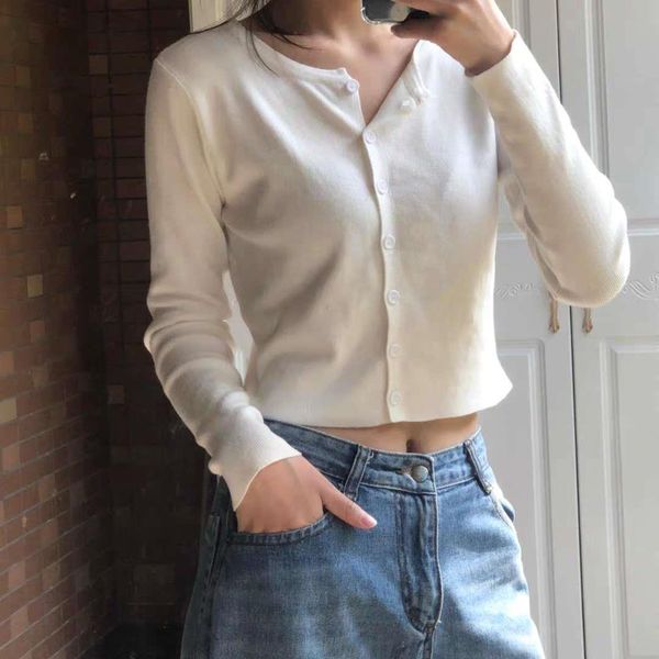 

2021 autumn sweater women long sleeve cardigan korean o neck crop sweater vintage button up kawaii knitted sweater blue, White;black