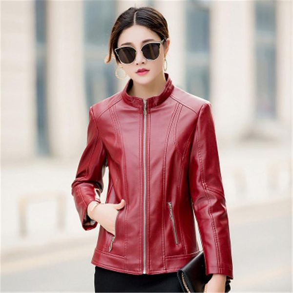 

woman 2020 design spring autumn pu leather jacket faux leather soft coat slim black zipper motorcycle large size jackets as1431