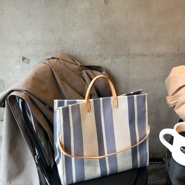 

ins summer canvas handbag large capacity stripe shoulder big bag basket crossbody bags female for women ladies handbags