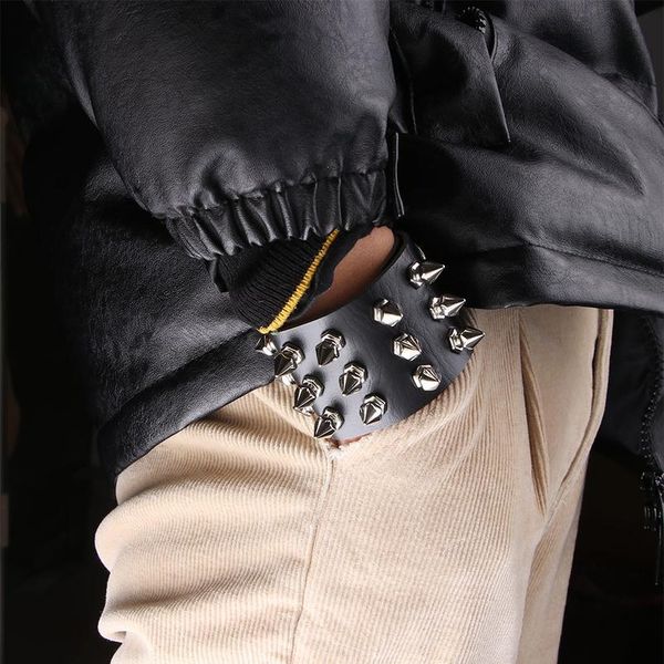 

2020 fashion punk gothic bracelet rock three row metal cone rivet leather wristband bangle wide cuff bracelet charm qyletz, White