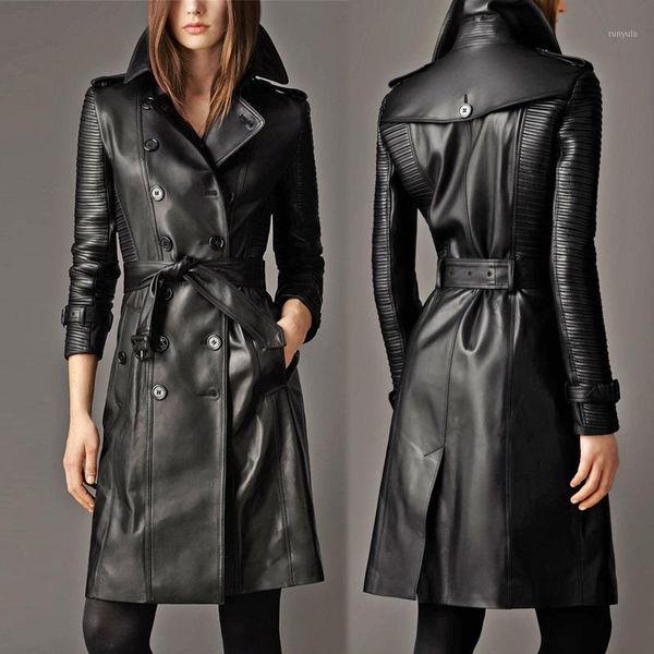 

genuine leather long jacket 2019 autumn winter women double breasted classic real sheepskin trench coat overcoat plus size1, Black