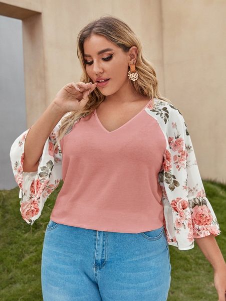 

plus v-neck floral print bell sleeve l0n7#, Black