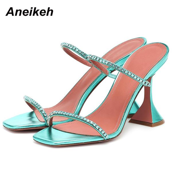 

aneikeh sweet slippers crystal shallow high heels patchwork bling square toe fashion 2021 summer women's shoes zapatos de mujer, Black