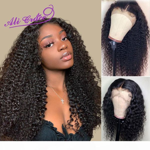 

ali grace peruvian kinky curly lace front wigs 100% remy human hair wigs with baby hair 150% density pre-plucked natural color, Black