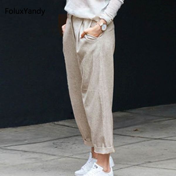 

casual linen pants women plus size 6 xl loose high waist ankle-length pants trousers omw07 y19070101, Black;white