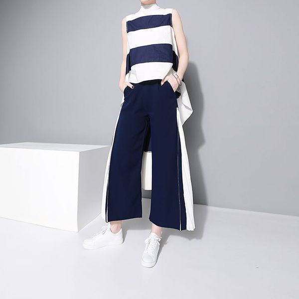 

[eam] new spring high waist blue side pleated split joint hit color loose wide leg long pants women trousers fashion jf795 201113, Black;white