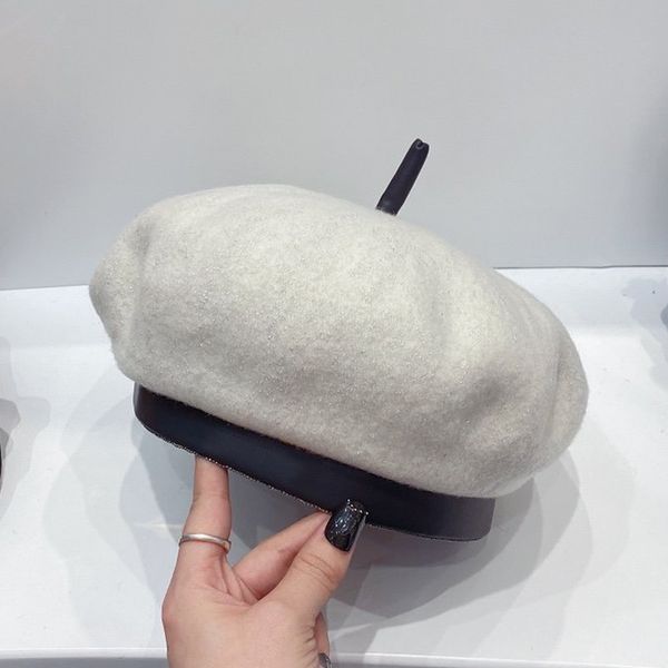 

patchwork beret wool women beret hat black white lady cap leather edging fashion autumn winter accessories christmas present trendy item, Blue;gray