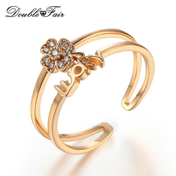 

double fair cubic zirconia flower & letter adjustable rings white/rose gold color fashion cz stone jewelry for women ring dfr349, Slivery;golden