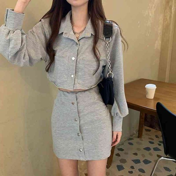 

two piece dress casual autumn assemblies, casual women's clothes, vintage, chic fashion, solid color, short mini skirt wyhl, White